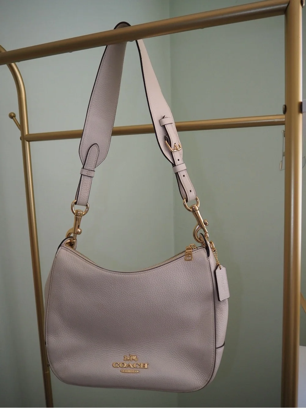 COACH Chalk Off White Pebble Leather Small Hobo Shoulder Bag Gold Hardware